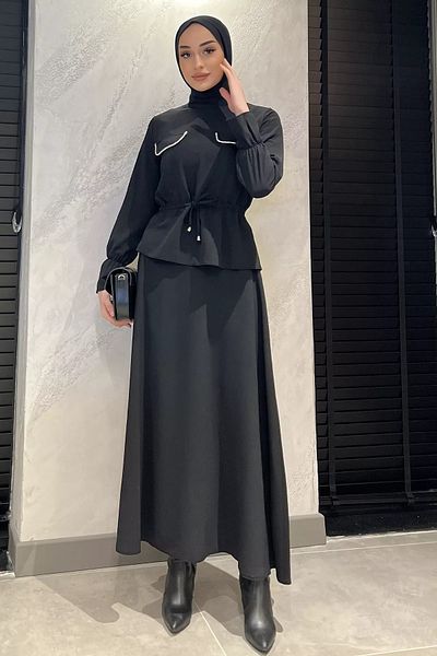 julude مجموعة مزدوجة من بلوزة تنورة حجاب بتفاصيل حجرية للكاحل والخصر للنساء باللون الأسود