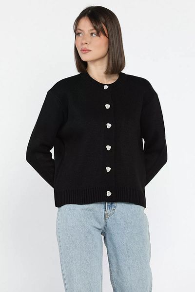 GÜLSELİ Black Women's Stone Heart Figured Buttoned Knitwear Cardigan