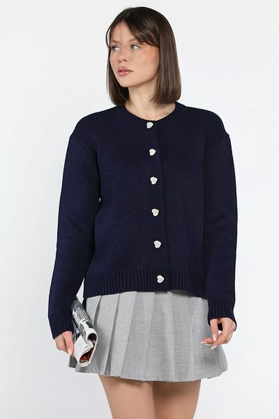 GÜLSELİ Navy Blue Women's Stone Heart Figured Buttoned Knitwear Cardigan