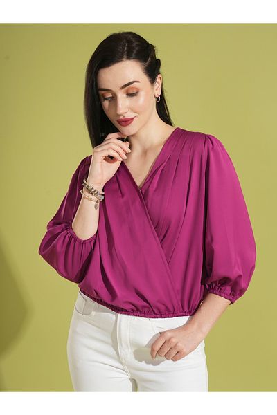 Globus By Styli V-Neck Puff Sleeves Pleated Wrap Top