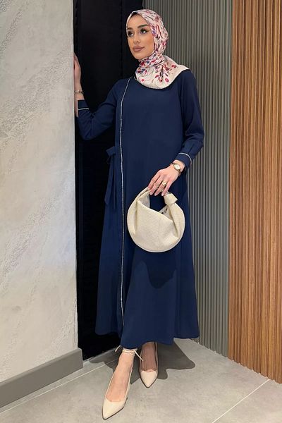 GÜLSELİ Rochie hijab de mărime mare, cu curea în talie, albastru bleumarin pentru femei