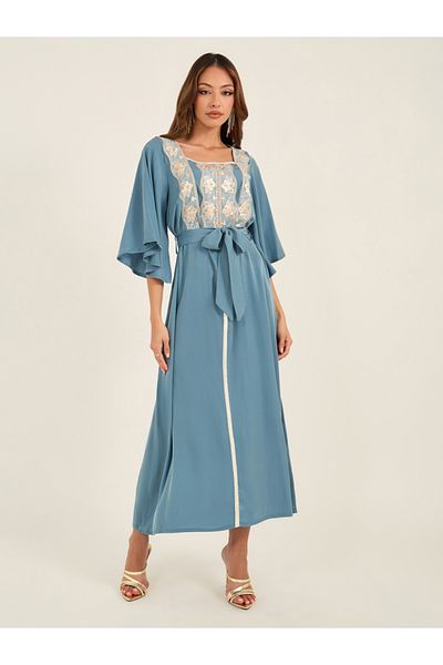 Keenly By Styli Embroidered Lace Insert Square Neck Jalabiya