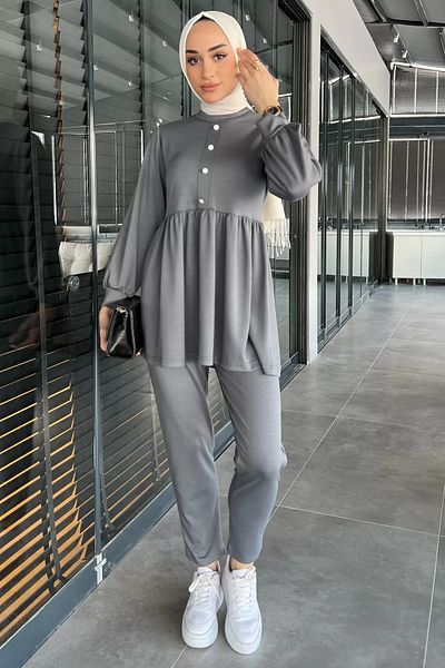 julude Set de două piese pentru femei, afumate, cu nasturi, cu volane, tunică, pantaloni, hijab