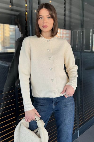 GÜLSELİ Cream Women's Stone Heart Figured Buttoned Knitwear Cardigan