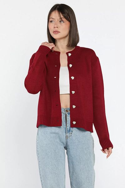 GÜLSELİ Claret Red Women's Stoned Heart Figured Buttoned Knitwear Cardigan