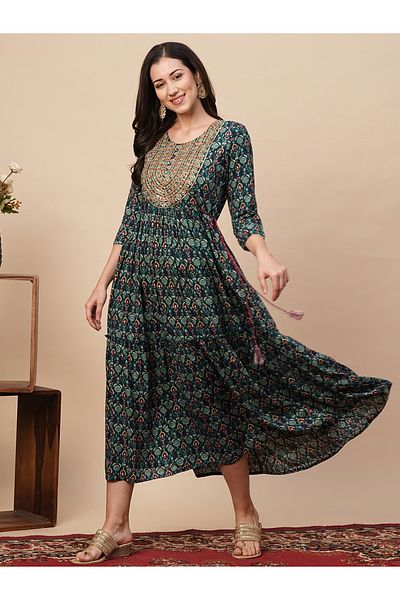 Globus By Styli All-Over Print Embroidered A-Line Tiered Midi Dress