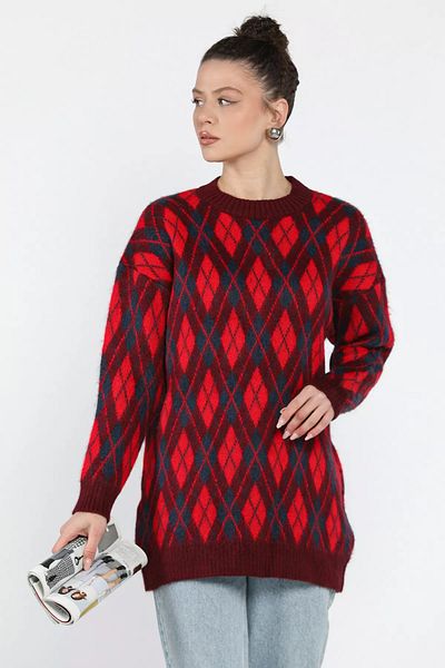 GÜLSELİ Pulover de damă din tricotaje cu model de diamante cu gât roșu Claret