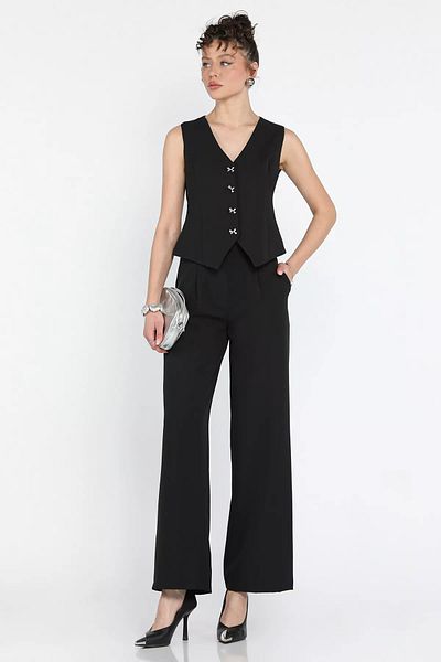 GÜLSELİ Black Button Detailed Lined Women's Vest Trousers Set of Two