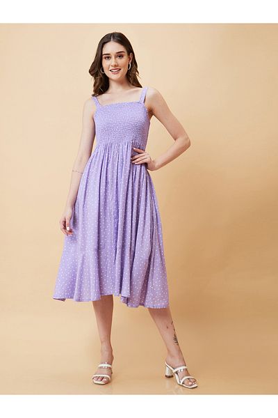 Globus By Styli Polka Dot Print Smocked Strappy A-Line Midi Dress