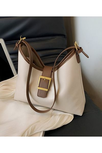 Madamra Cremefarbene Damen-Hand- und Umhängetasche mit goldener Schnalle