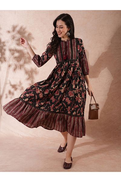 Globus By Styli All-Over Floral Print Mandarin Collar Ruffles Hem A-Line Midi Dress