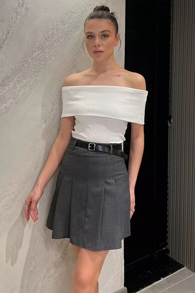 GÜLSELİ Anthracite Women's Pleated Skirt with Waist Belt and Shorts