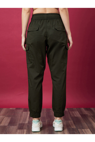 Globus By Styli Solid Mid-Rise Elasticated Waist Cargo Joggers with Drawstring