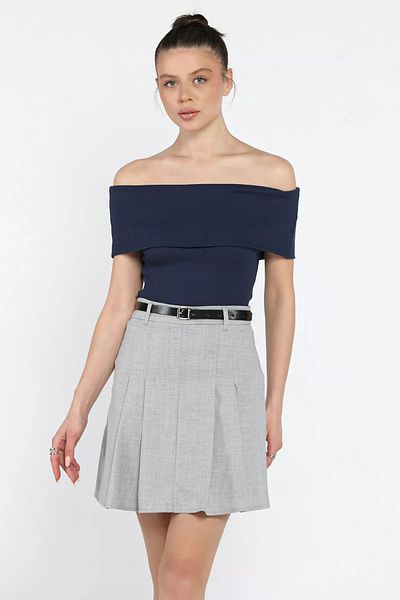 GÜLSELİ Gray Women's Pleated Skirt with Waist Belt and Shorts