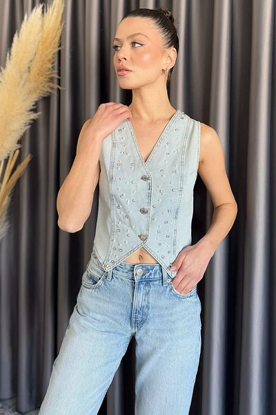 GÜLSELİ Light Blue Women's Stoned Jean Denim Vest
