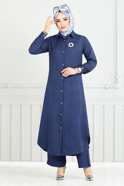 ModaMerve Buttoned Front Hijab Suit 808Ozr1047-M Navy