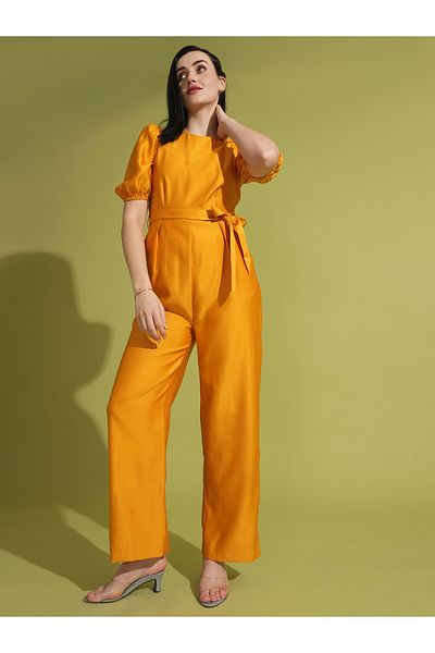 Globus By Styli Solid Round Neck Puff Sleeve Waist Tie-Up Jumpsuit