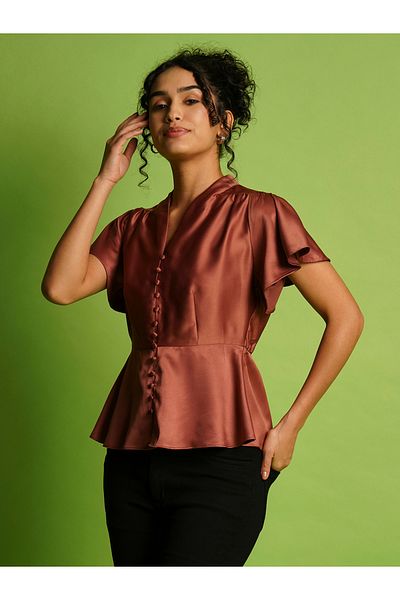 Globus By Styli Solid Satin V-Neck Flute Sleeve Buttoned Top