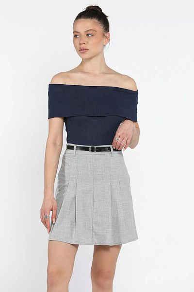 GÜLSELİ Gray Women's Pleated Skirt with Waist Belt and Shorts