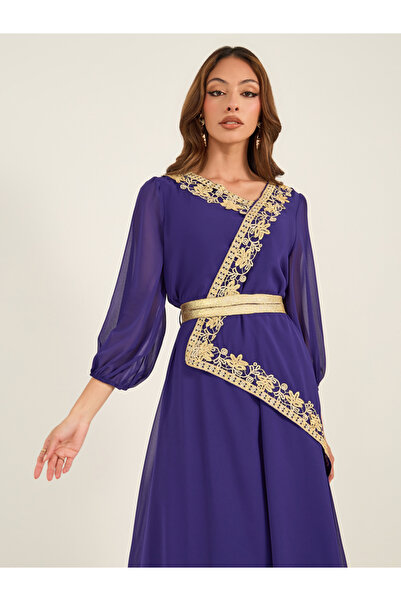 Keenly By Styli Lace Insert Balloon Sleeve V-Neck Midi Dress