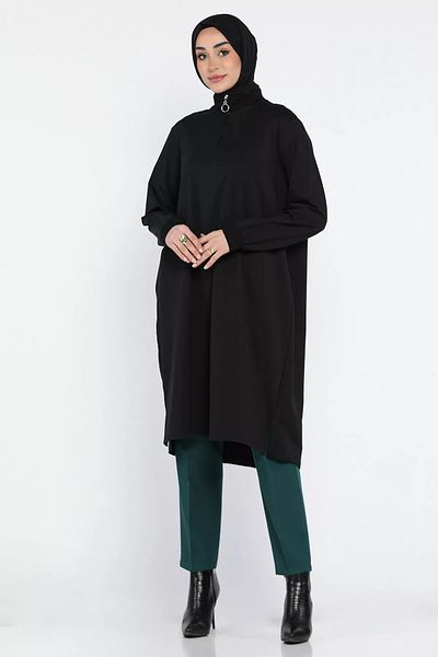 julude Μαύρο γυναικείο γιακά με μισό φερμουάρ Plus Size Hijab Tunic