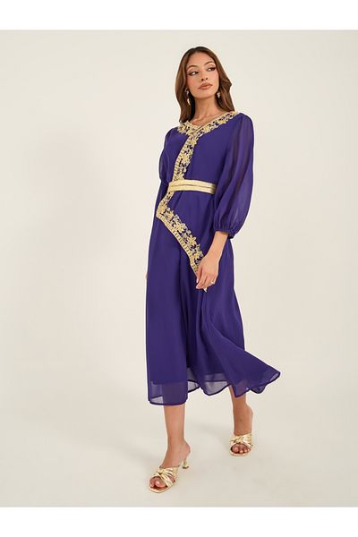 Keenly By Styli Lace Insert Balloon Sleeve V-Neck Midi Dress