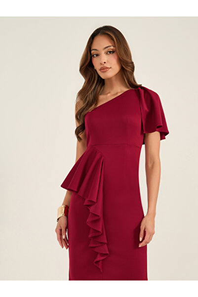 Keenly By Styli One Shoulder Bodycon Midi Dress with Ruffled Detail