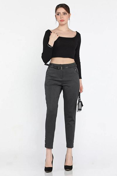 GÜLSELİ Anthracite Large Size Women's Fabric Trousers with Stone Detail and Belt