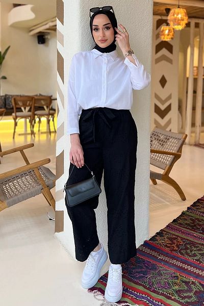 GÜLSELİ Black Women's High Waist Scalloped Waist Elastic Belted Pants