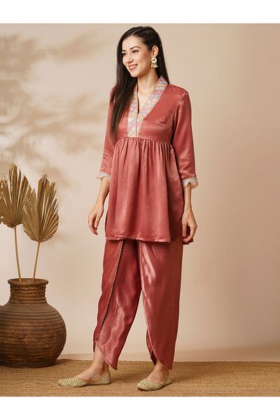 Globus By Styli Sequined Lace Detail Velvet Tunic and Dhoti Pants Co-Ords
