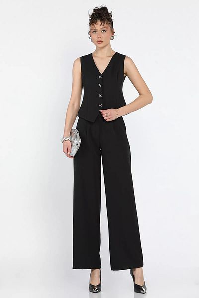 GÜLSELİ Black Button Detailed Lined Women's Vest Trousers Set of Two