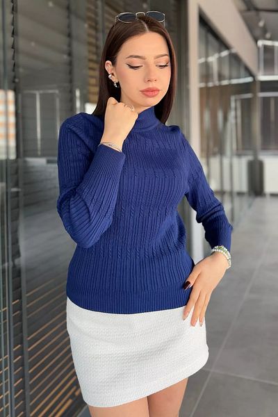 GÜLSELİ Navy Blue Women's Half Fisherman Patterned Lycra Knitwear Blouse