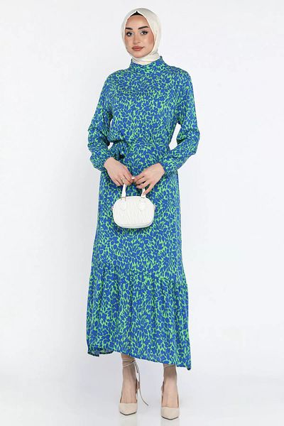 GÜLSELİ Rochie din viscoză Hijab cu model în talie, albastru sax, verde