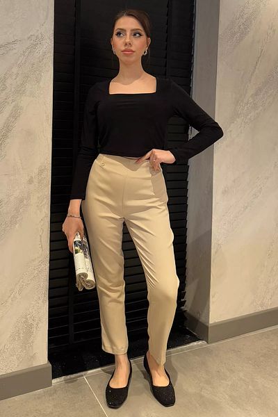 GÜLSELİ Stone Waist Elastic Button Detail Women's Plus Size Fabric Pants