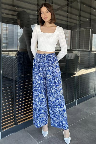 GÜLSELİ Sax Blue Women's Wide Leg Patterned Viscose Walking Pants