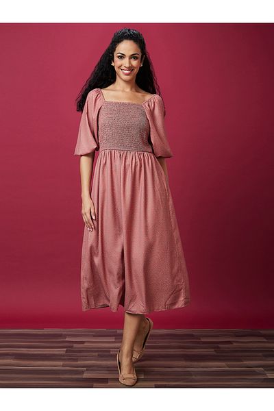 Globus By Styli Polka Dot Print Smocked A-Line Midi Dress