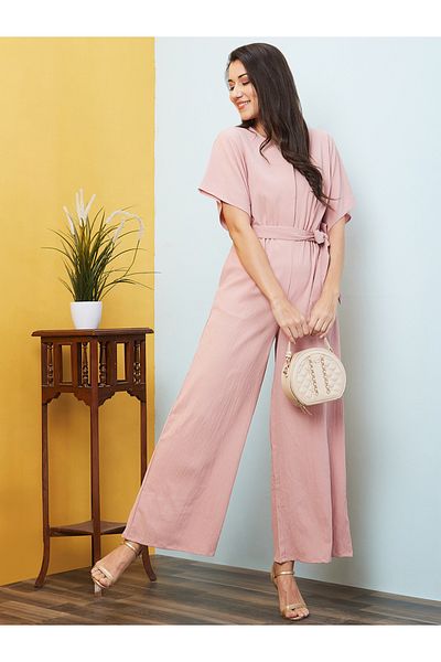 Globus By Styli Solid V-Neck Drop Shoulder Waist Tie-Up Jumpsuit