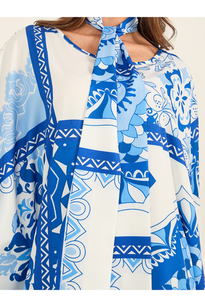 Keenly By Styli Printed Batwing Sleeve Kaftan Dress with Tassel Detail