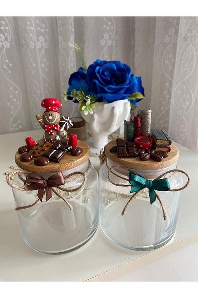 GÖNÜL MUTFAK Ceramic Varnish Coffee & Cookie Man Combination Bamboo Lid Jar 500 ml Set of 2