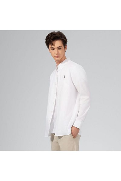 Giordano Men's Cotton Oxford Shirt - Small Lion Embroidery, Slim Fit, Full Button
