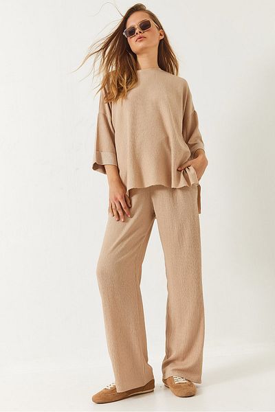 Bianco Lucci Women's Half Sleeve Palazzo Pants Crew Neck Bottom-Top Set 60261466