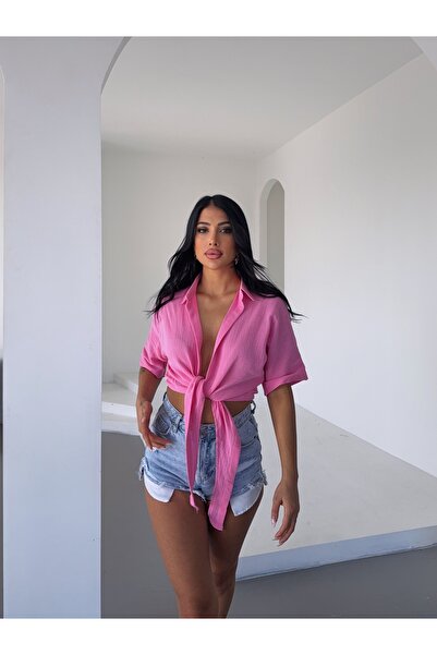 Buklemoda Μπλούζα από λινό μουσελίνα με ροζ κορδόνι