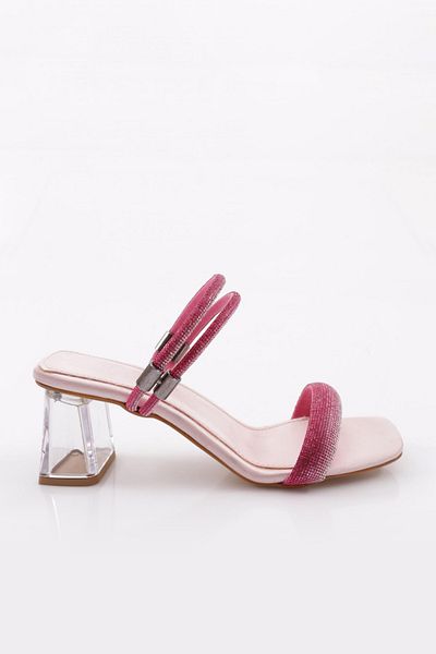 DGN Women's Sandals - 901 Model, Square Toe, Transparent Heels, Powder Satin