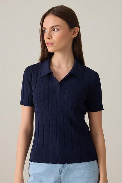 Setre Navy Blue Collar Detailed Striped Short Sleeve Knitwear Blouse