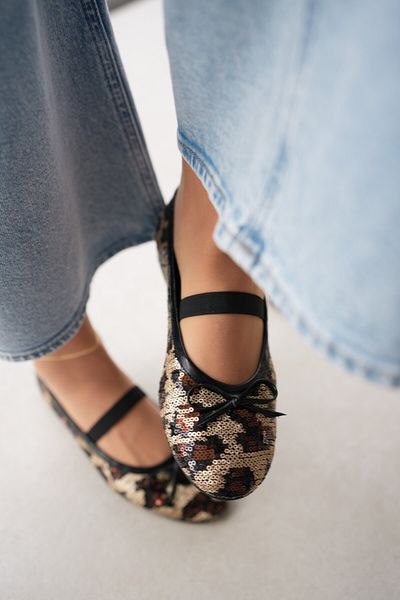 selinshoes Teny Oval Toe Bow Detailed Sequin Embroidered Elastic Women's Ballerinas - Leopard
