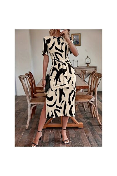 JANES Women's Short Sleeve Crew Neck Patterned Tie Waist Side Slit Single Jersey Dress