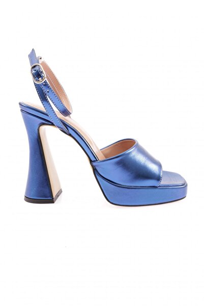 DGN 3587-23y Sandale cu toc gros cu curele groase de cristal pentru femei, albastru metalic