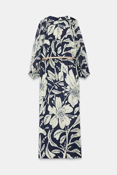 Setre Синя сорочка з коміром, довгими рукавами, поясом на талії, довгим кроєм, широким кроєм та візерунком