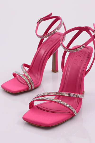DGN 2026 Γυναικεία πέδιλα με φούξια σατέν με τακούνι - Ασημένια πέτρα και ζωσμένα
