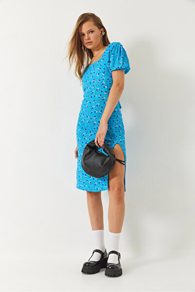 Bianco Lucci Kadın Sırt Detaylı Yırtmaçlı Kare Yaka Kısa Kollu Çiçek Desenli Elbise 60261462